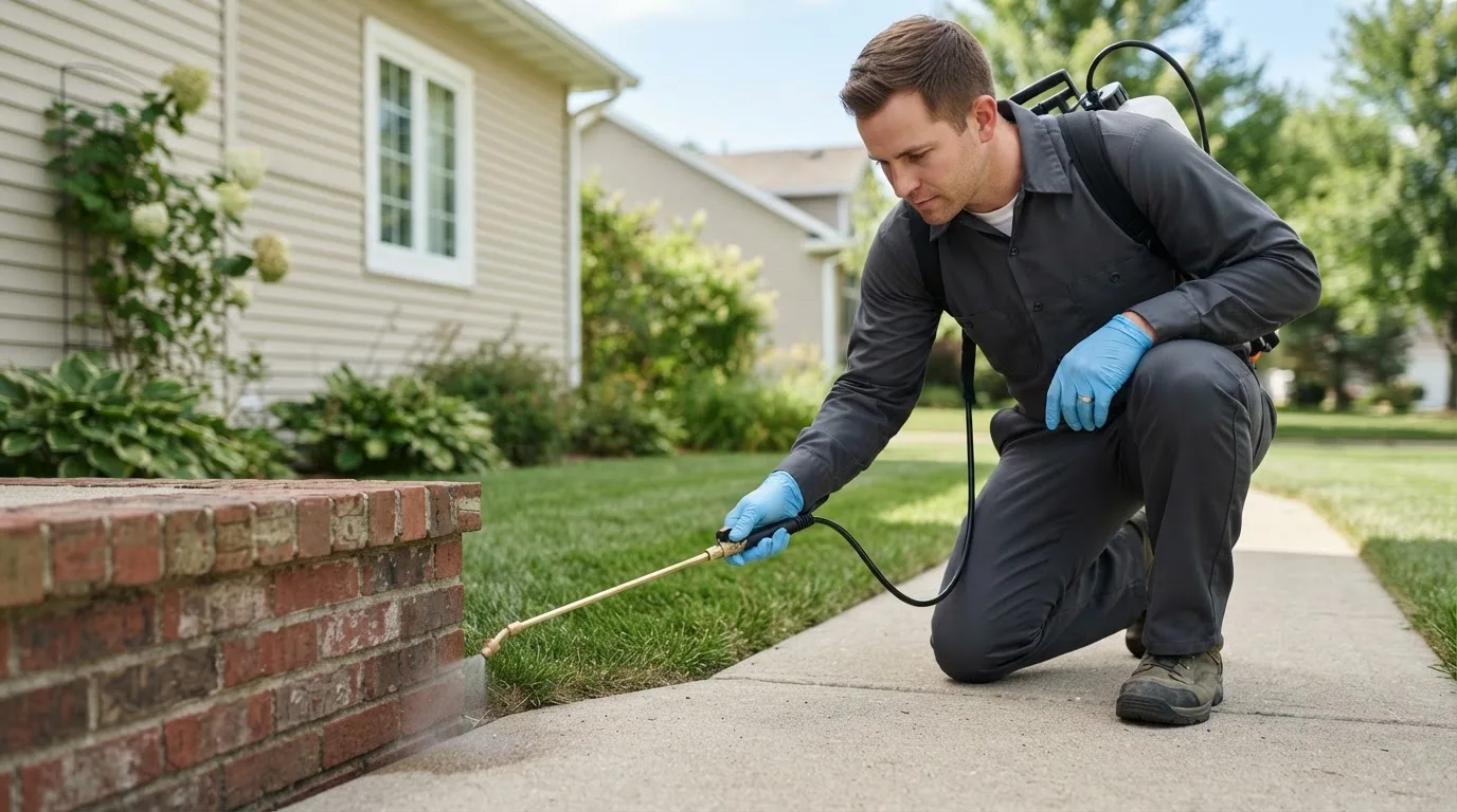 Pest control technician treating a home near Mulvane, KS